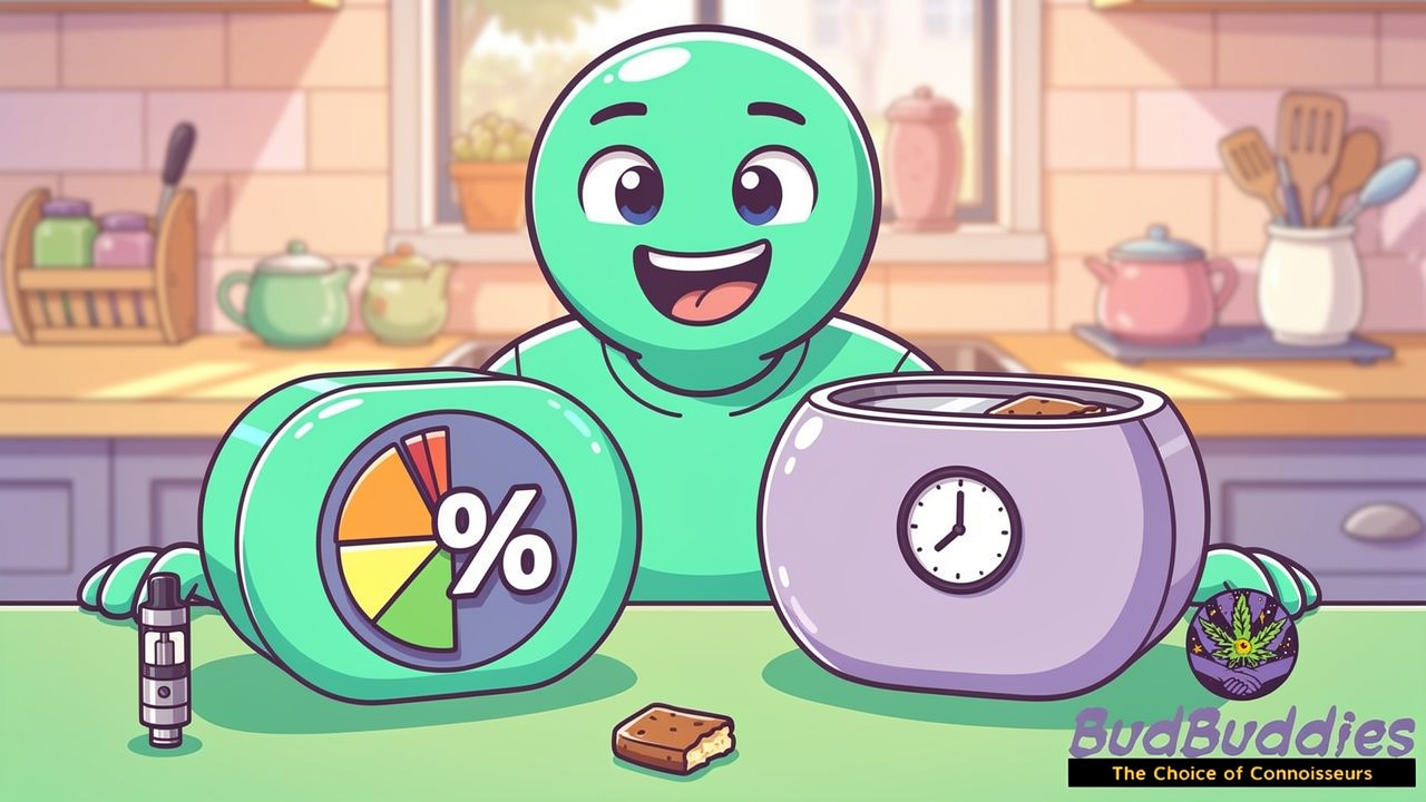 Cartoon character carefully comparing cannabis product strengths