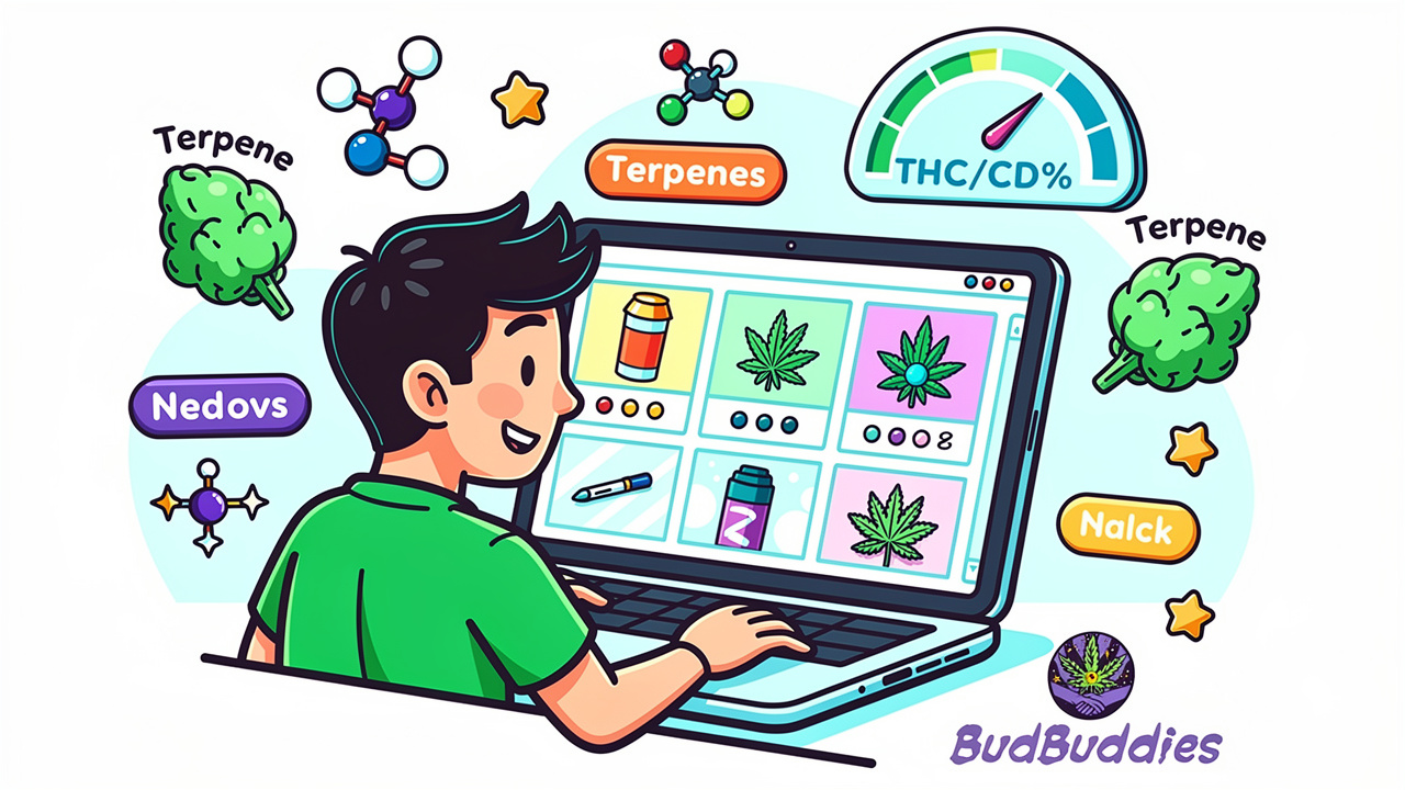 Student browsing cannabis strains online with effect icons