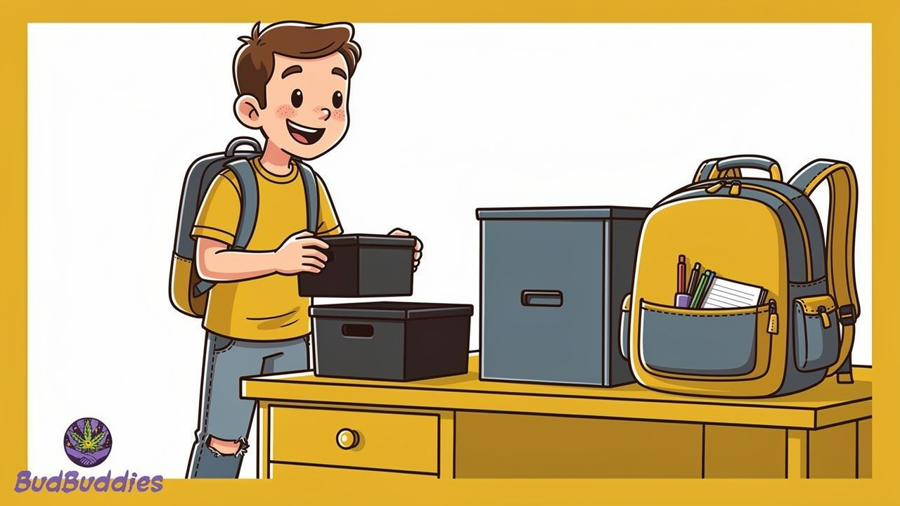 Cartoon student comparing different smell proof box sizes
