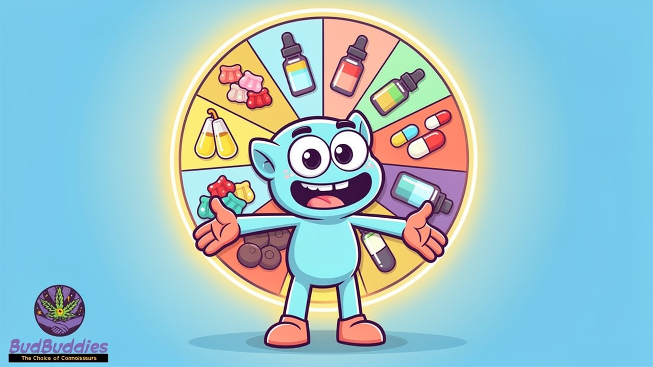 Cartoon character choosing correct THC edible dose format