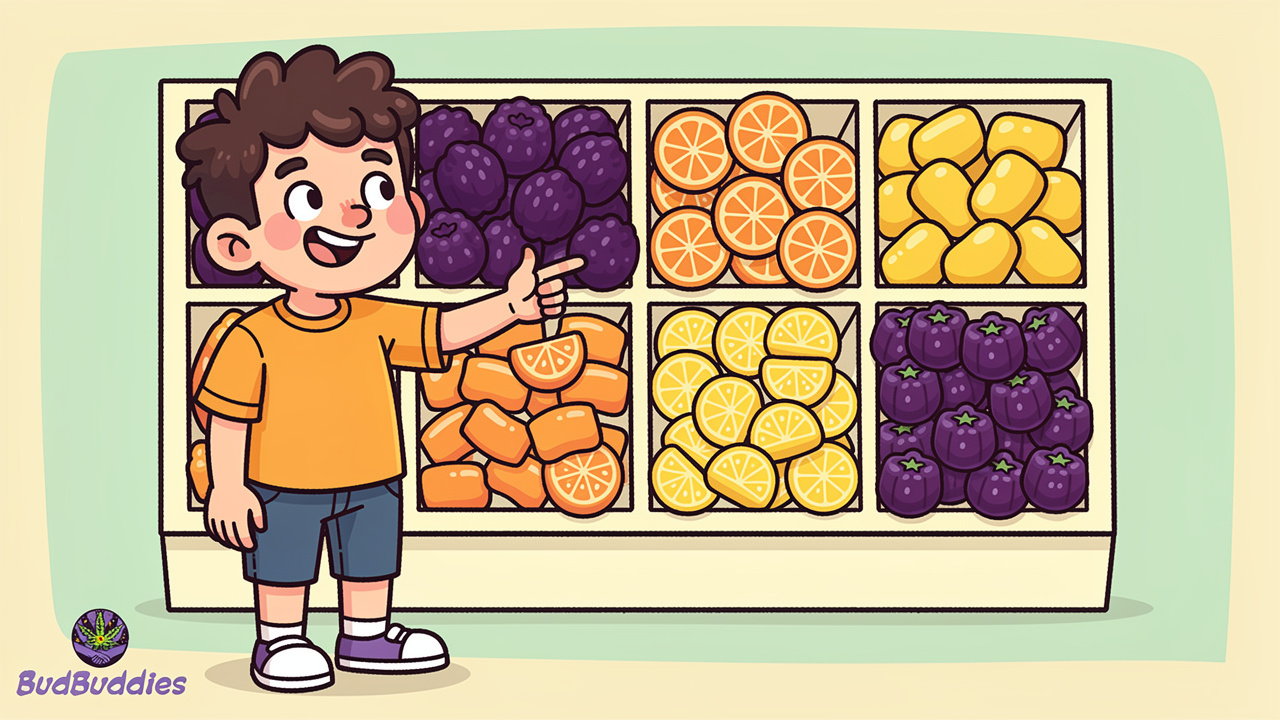 Cartoon character choosing from colourful THC gummy selection