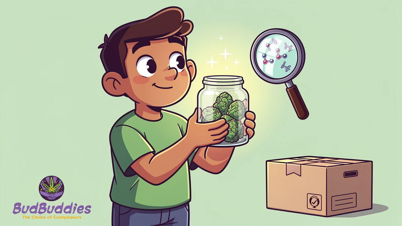 Cartoon character examining cannabis product terpenes carefully