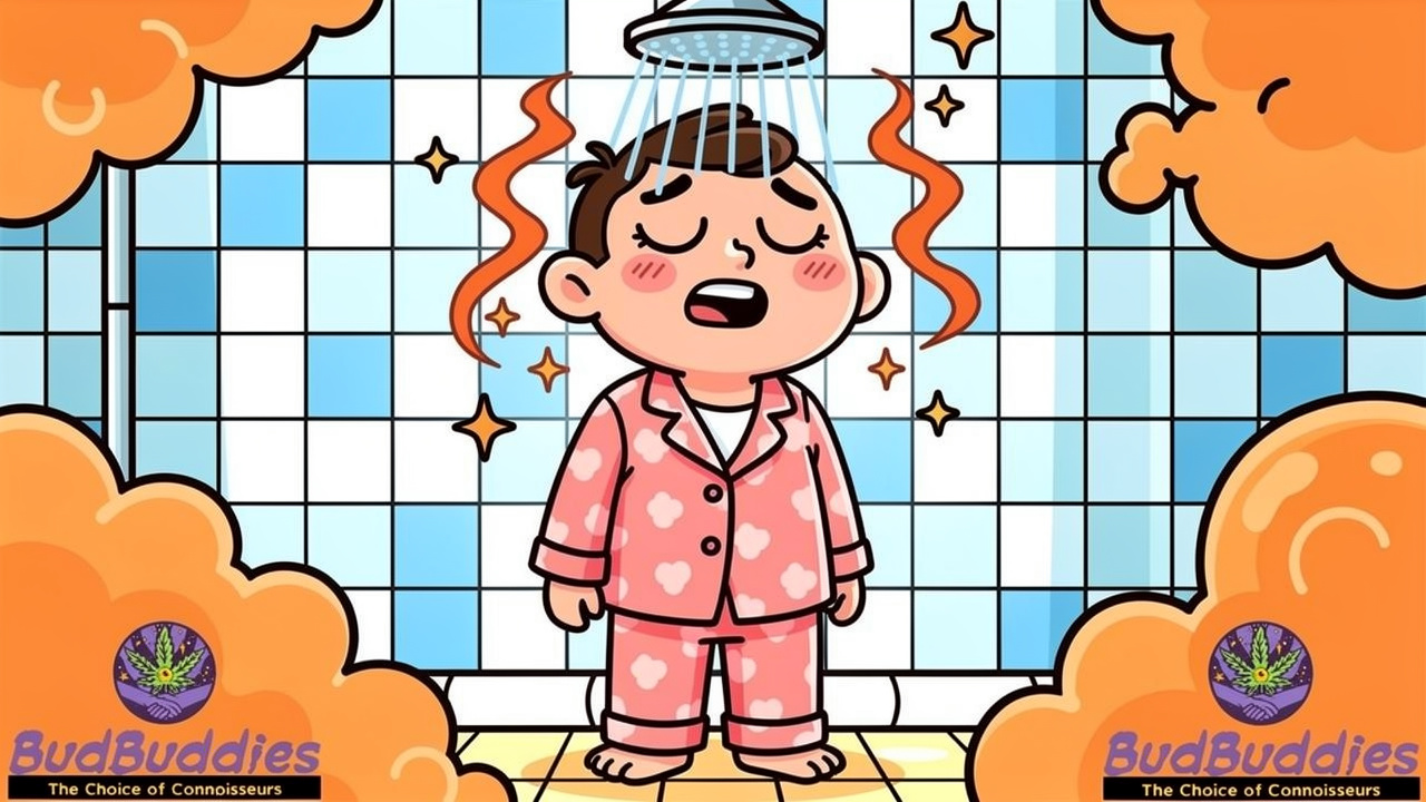 Cartoon character finding relief under a hot shower