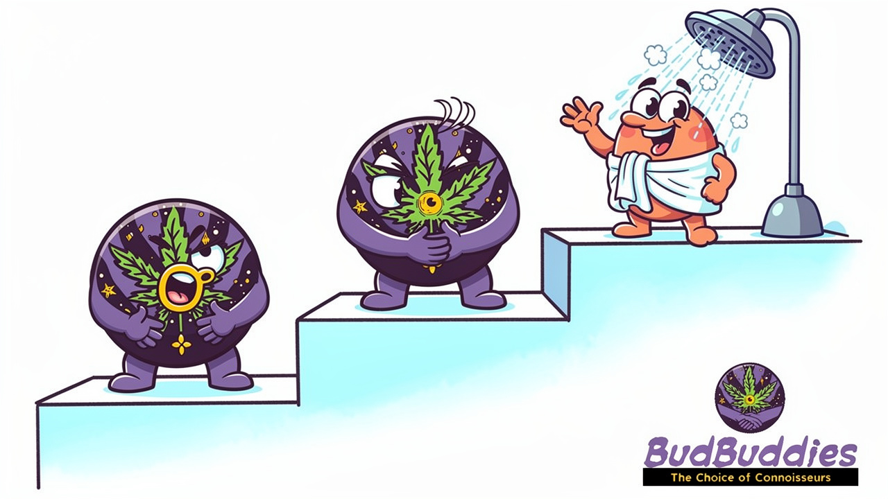 Cartoon steps showing three phases of cannabis sickness