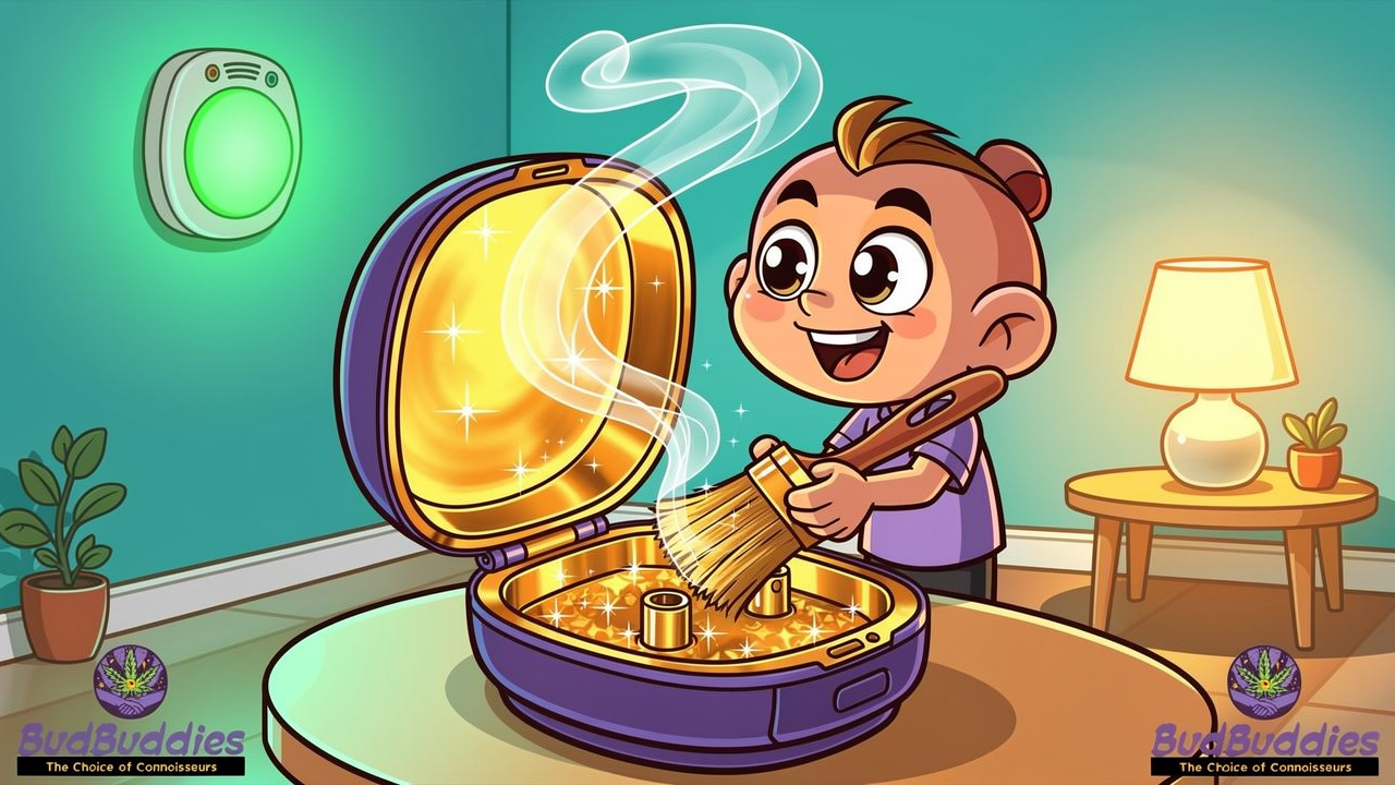 Cartoon character cleaning a dry herb vaporiser at home