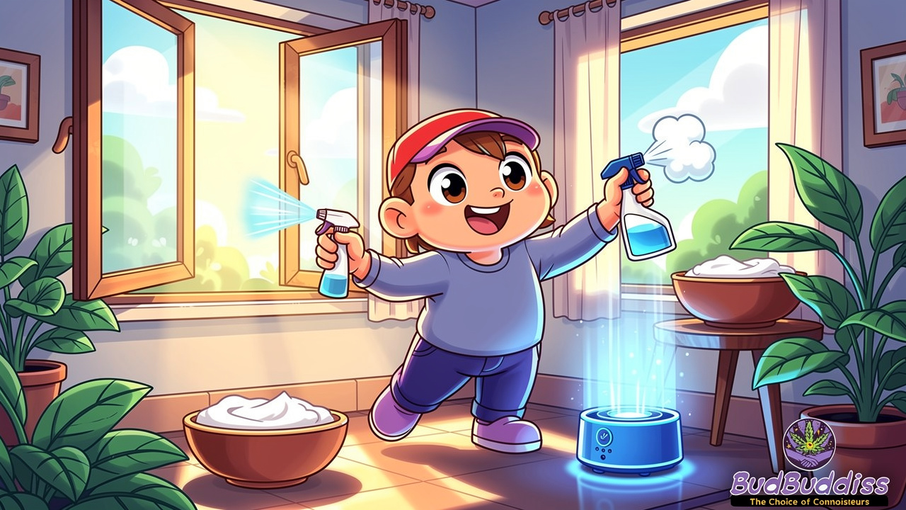 Cartoon character clearing weed smell with open windows and purifier