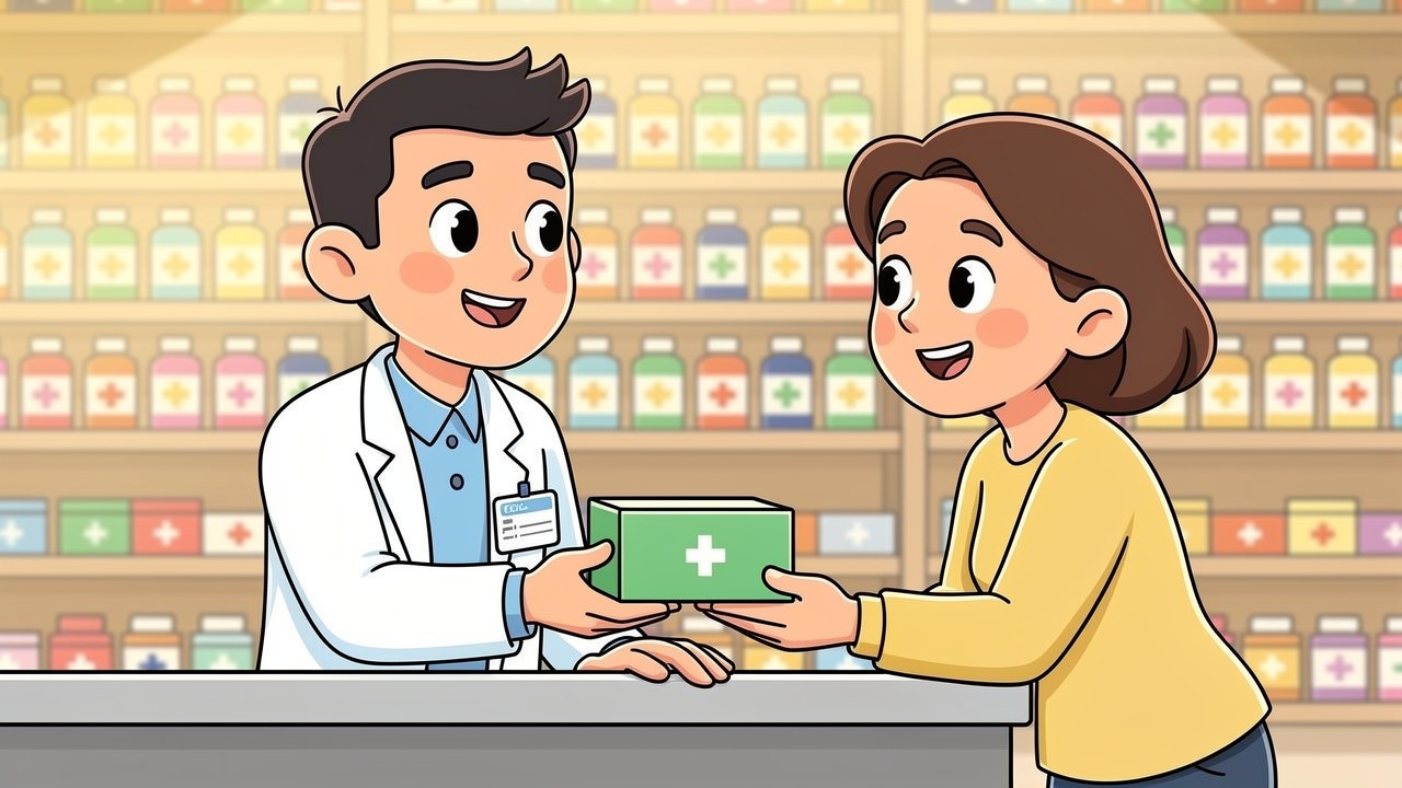 Cartoon pharmacist handing prescribed cannabis package to patient