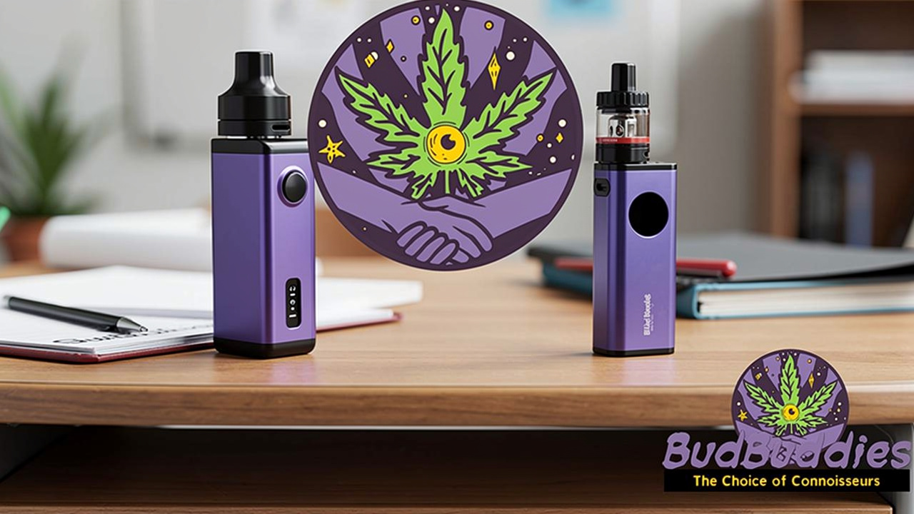 Two compact dry herb vaporisers on a tidy student desk