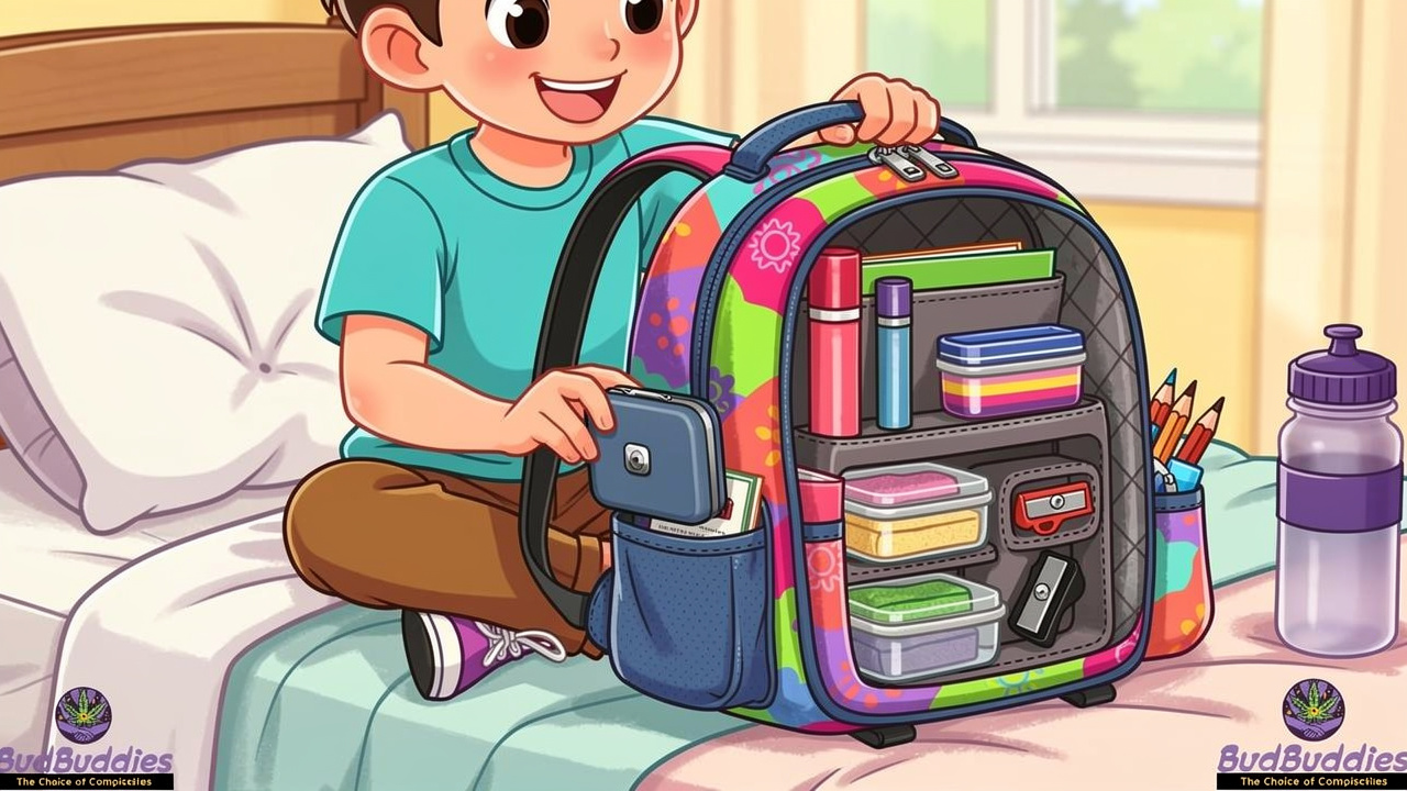 Compact smell-proof stash box packed into student rucksack