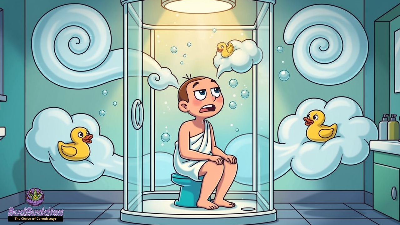 Cartoon character relieved in a steamy hot shower