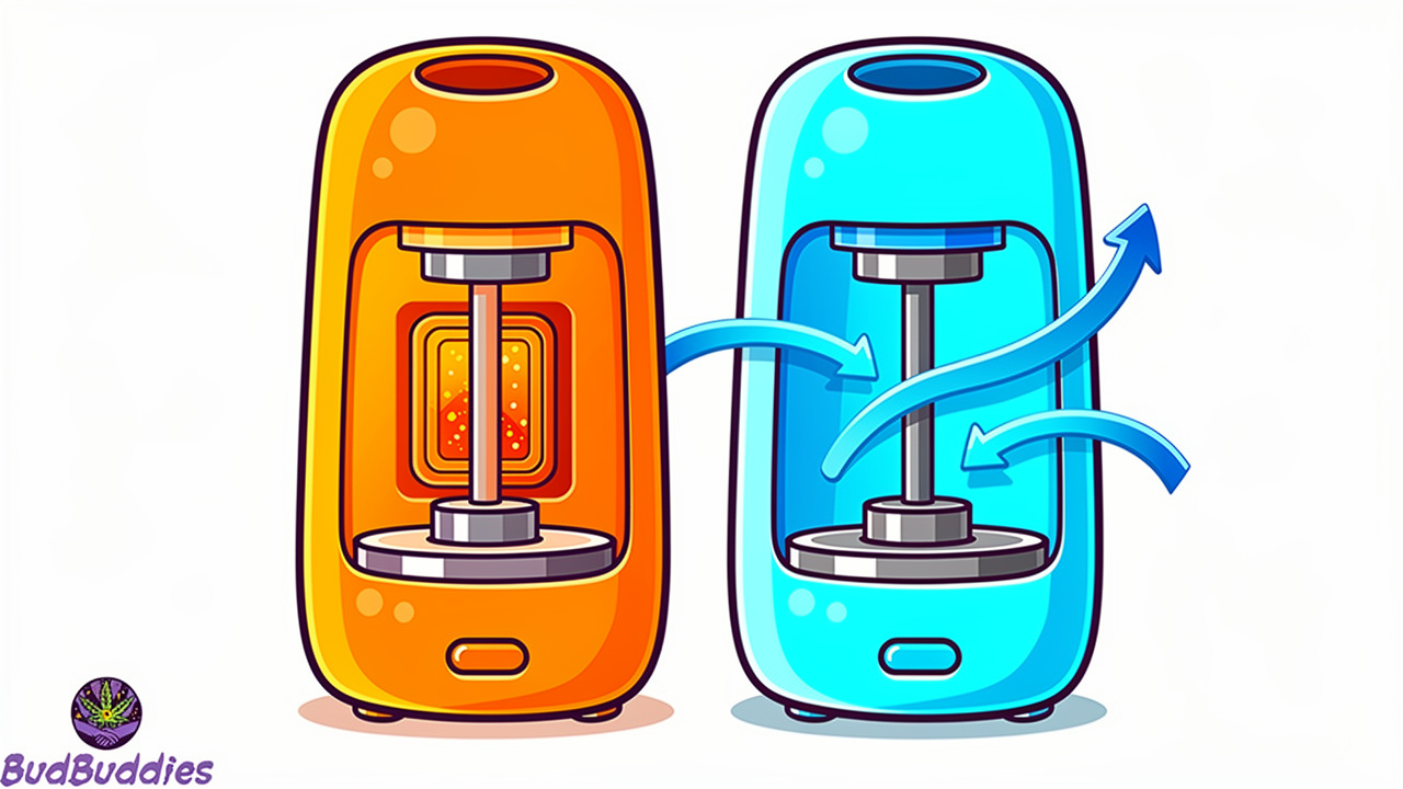 Cartoon diagram comparing conduction and convection vape heating