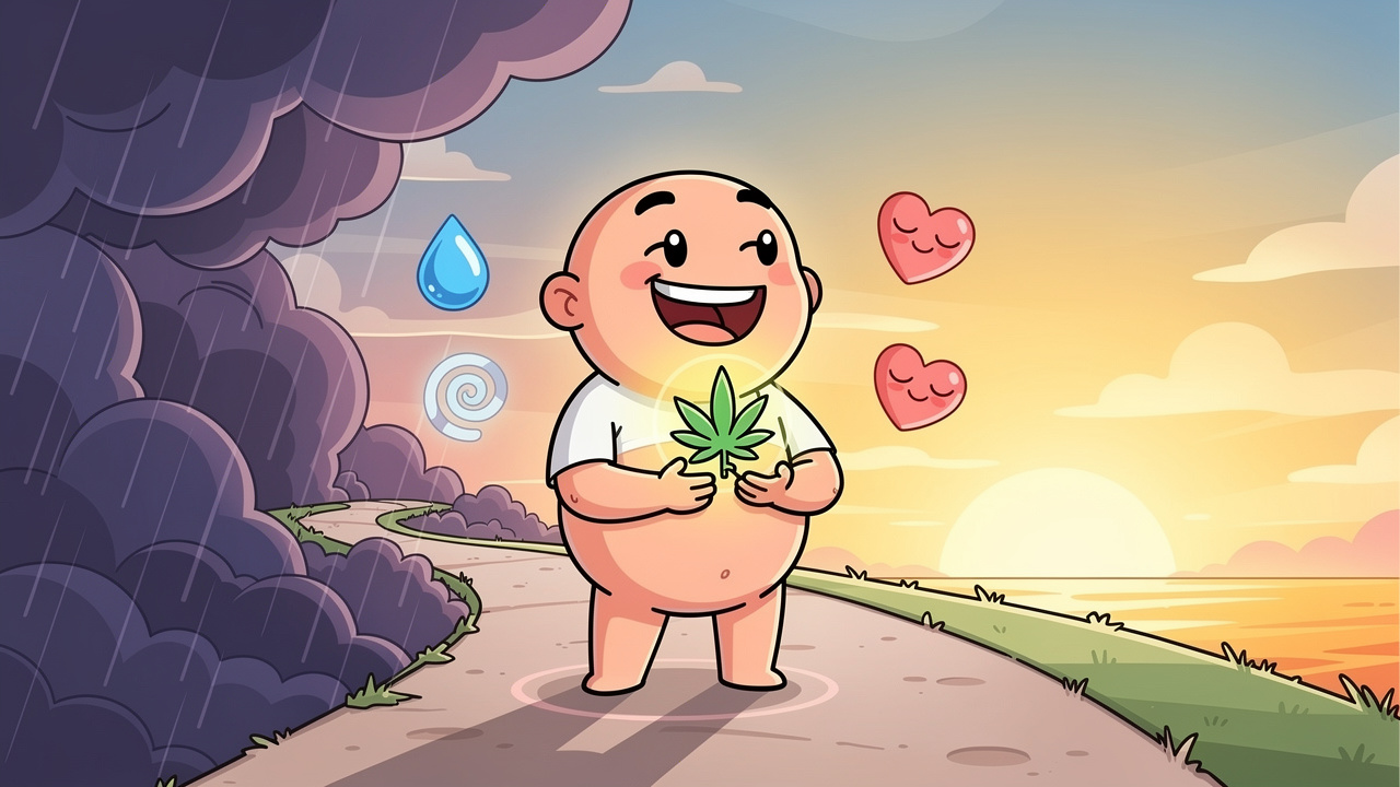 Cartoon character confidently moving past cannabis anxiety toward calm