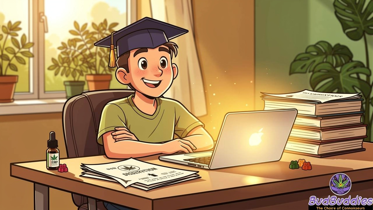 Happy cartoon student completing dissertation with calm and confidence
