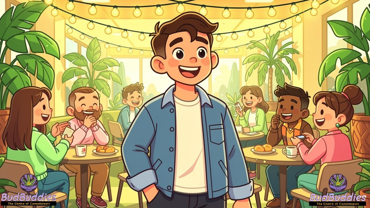 Confident cartoon student enjoying a social gathering at university