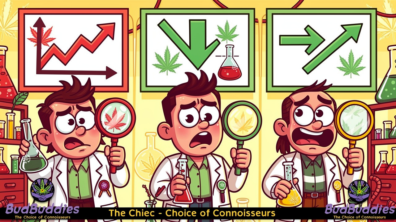 Cartoon scientists reviewing conflicting cannabis research charts