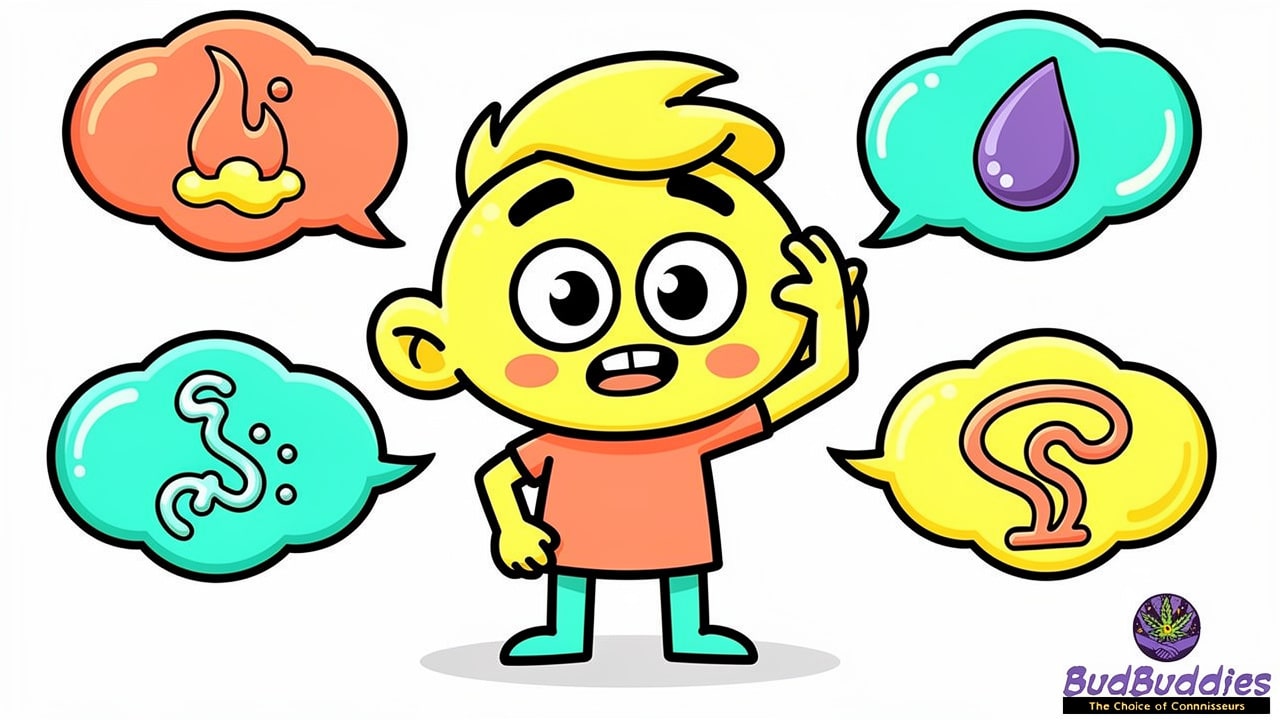 Confused cartoon character surrounded by cannabis concentrate icons