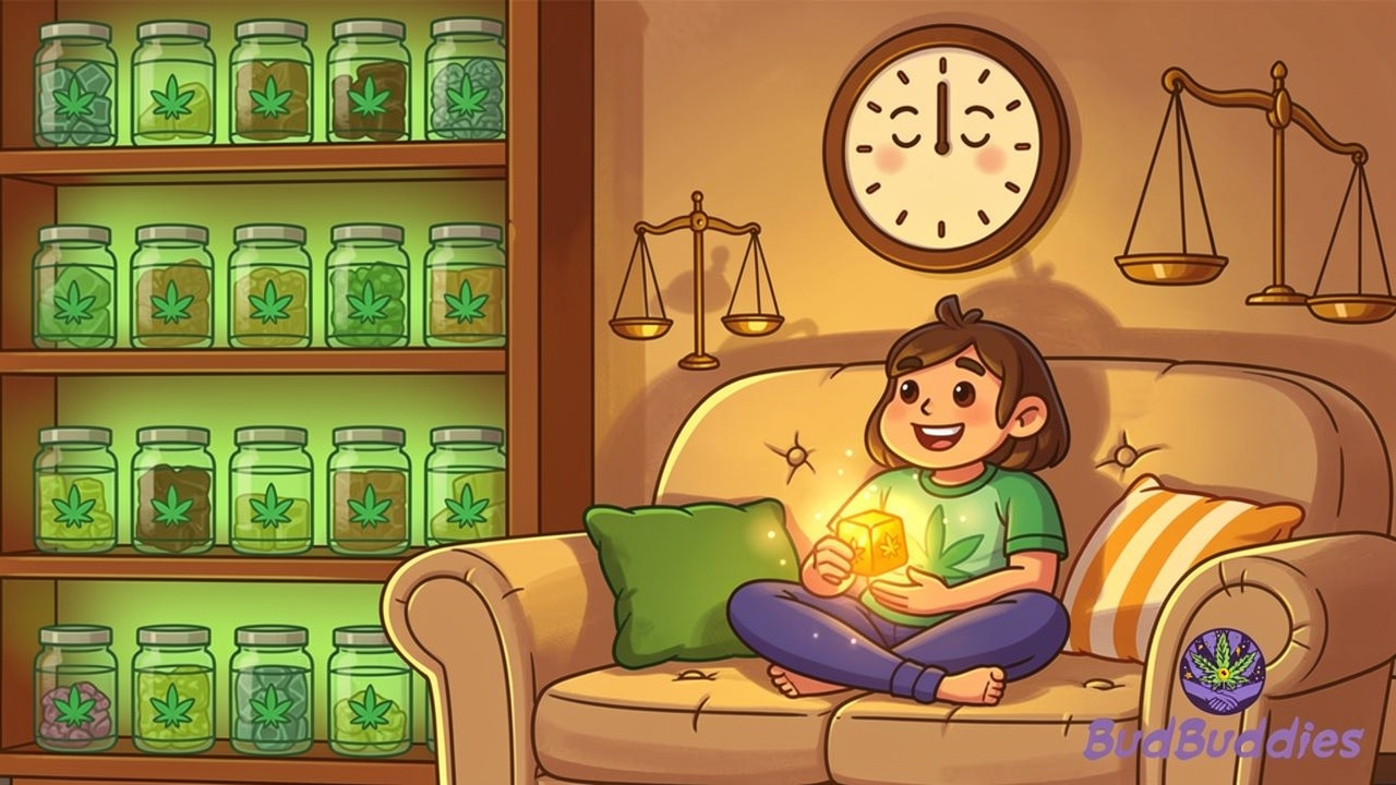 Cartoon character enjoying consistent predictable cannabis dosing at home