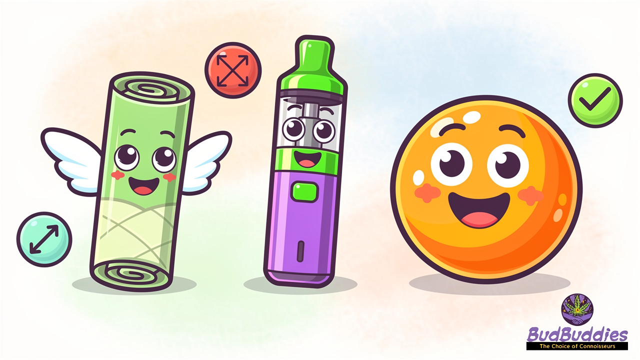 Cartoon joint vape and edible characters comparing consumption speed