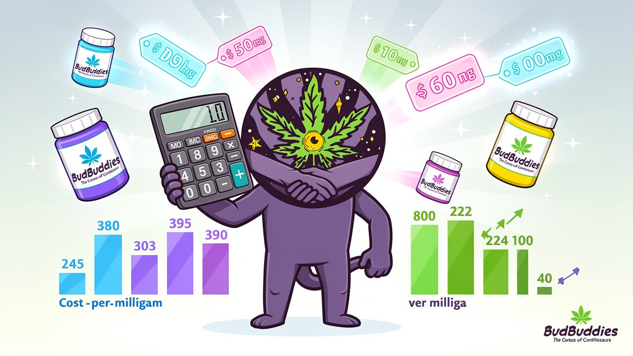 Cartoon showing cost-per-milligram calculation for cannabis products