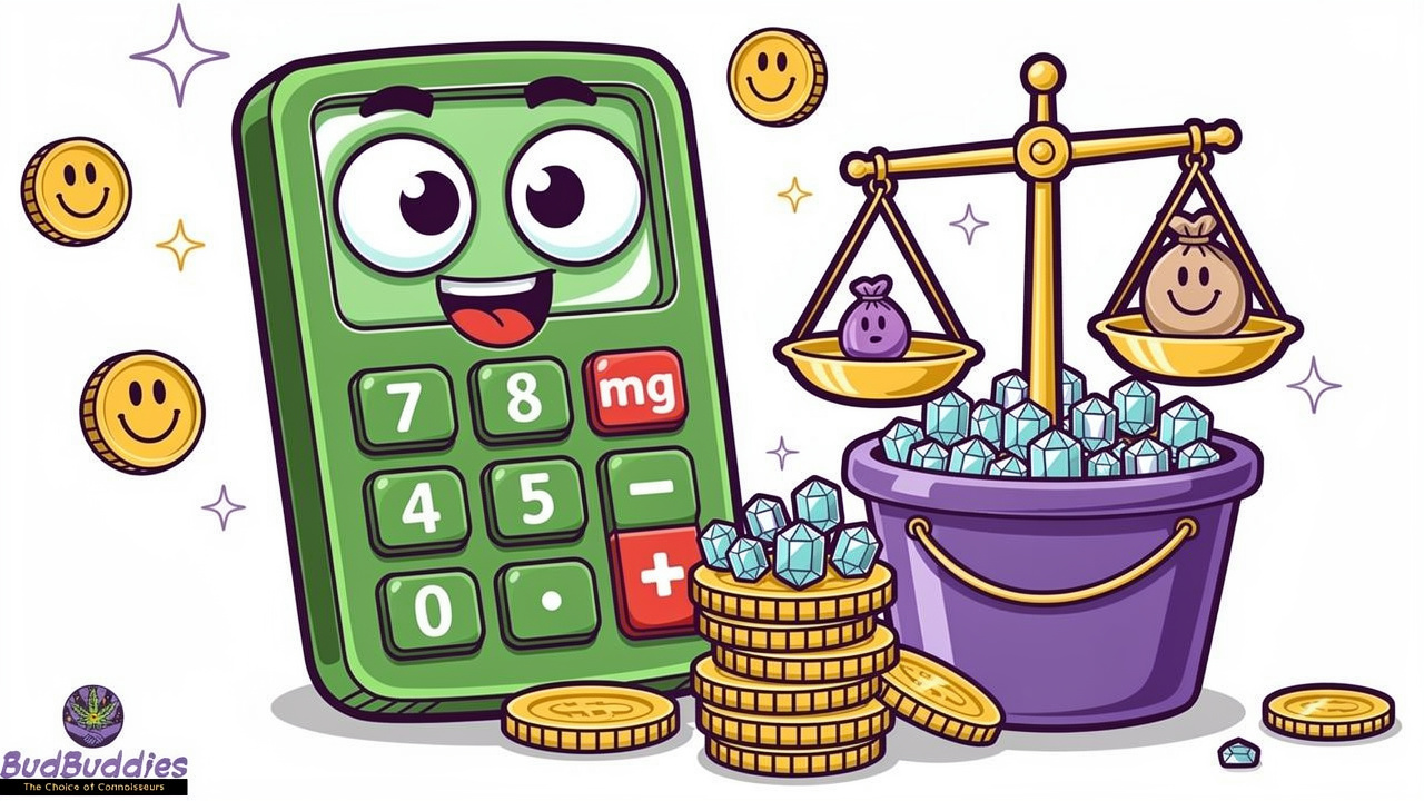 Cartoon calculator working out cost per milligram gummies