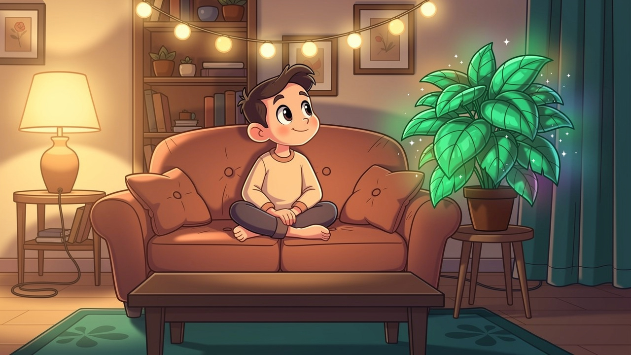 Cartoon character enjoying vivid colours in cosy lit room
