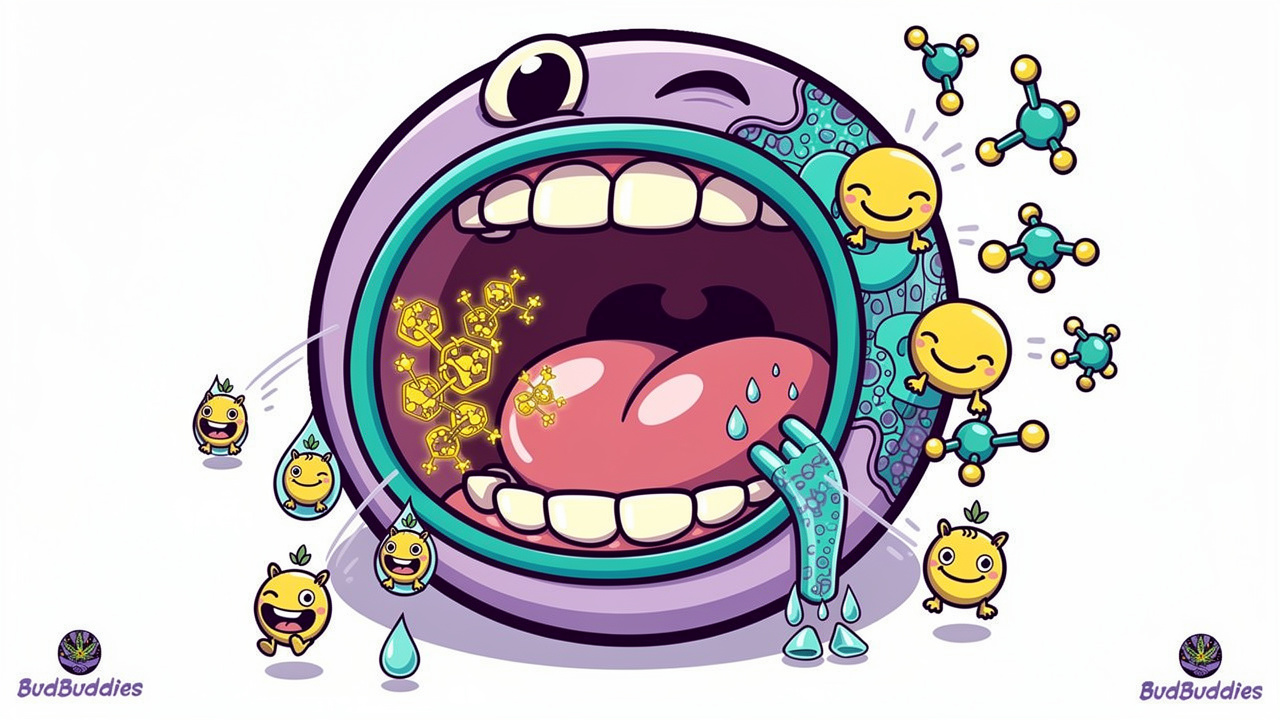 Cartoon diagram of THC affecting salivary gland receptors