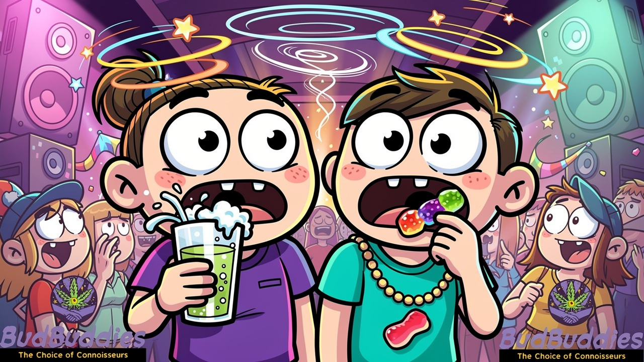 Cartoon characters experiencing crossfade effect from edibles and alcohol