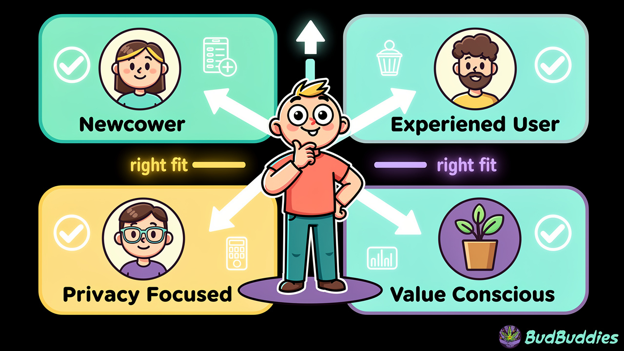 Cheerful cartoon character making an informed choice between retailer options
