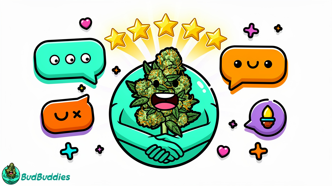 Cartoon customer giving positive review with visible quality flowers