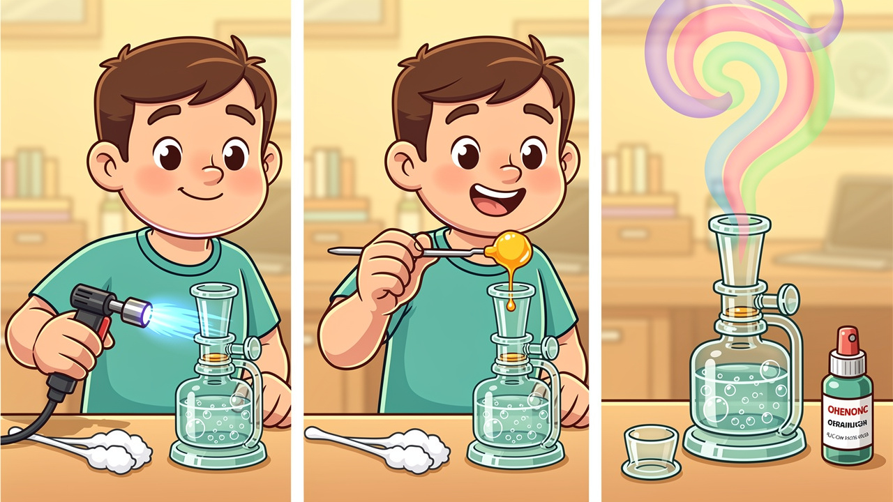 Cartoon showing step-by-step dab rig usage process
