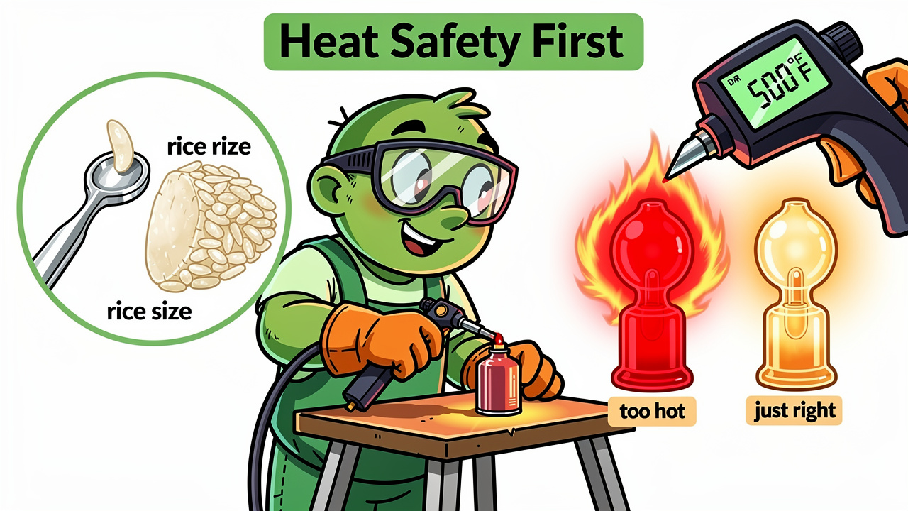 Cartoon illustration of safe dabbing dosage and torch handling