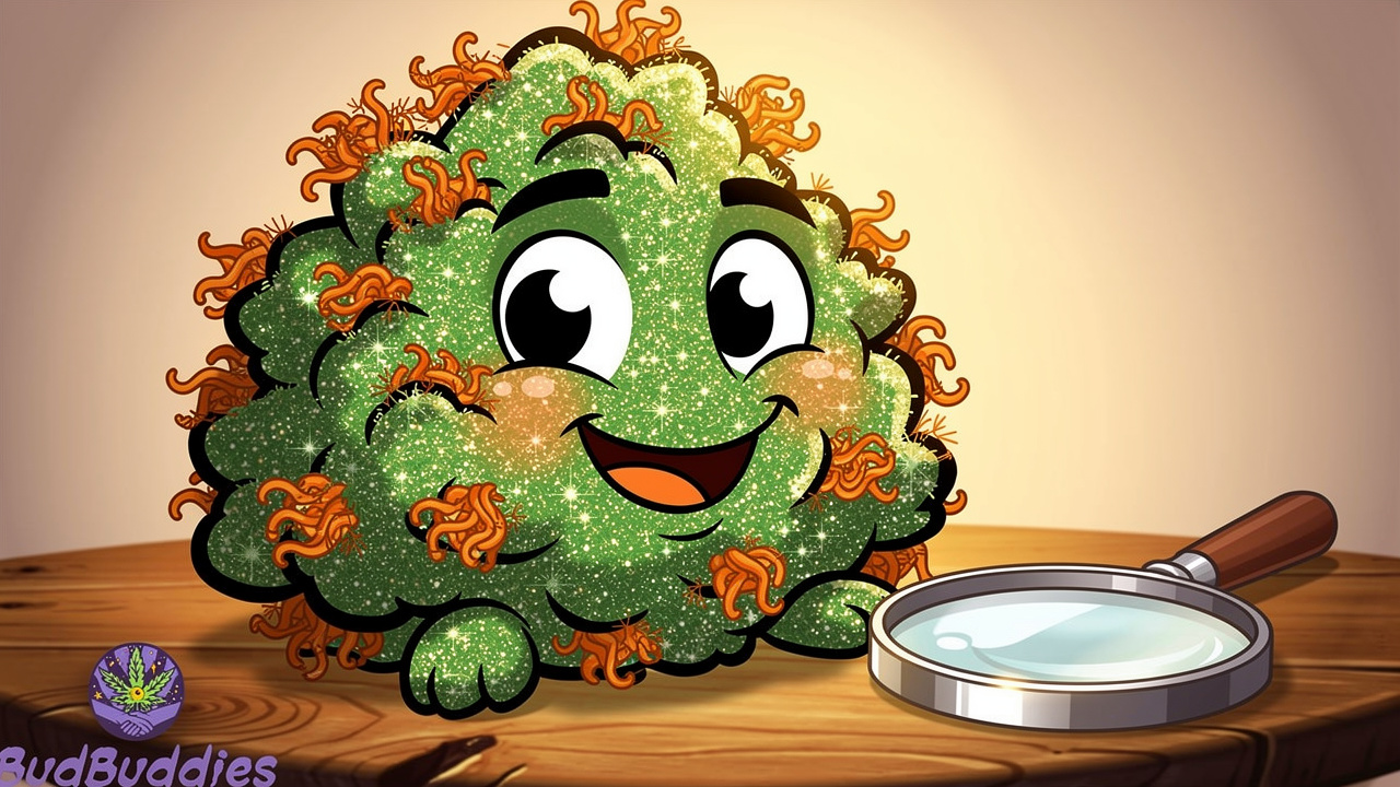 Cartoon bud showing frosty trichomes and fiery pistils