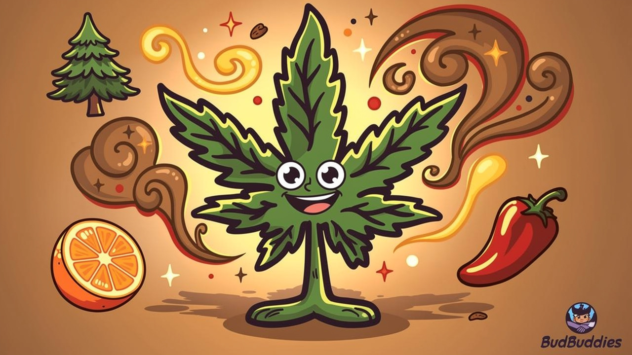 Cartoon bud surrounded by aroma and flavour icons