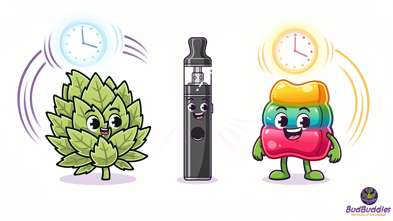 Cartoon comparison of flower, vape, and edible formats