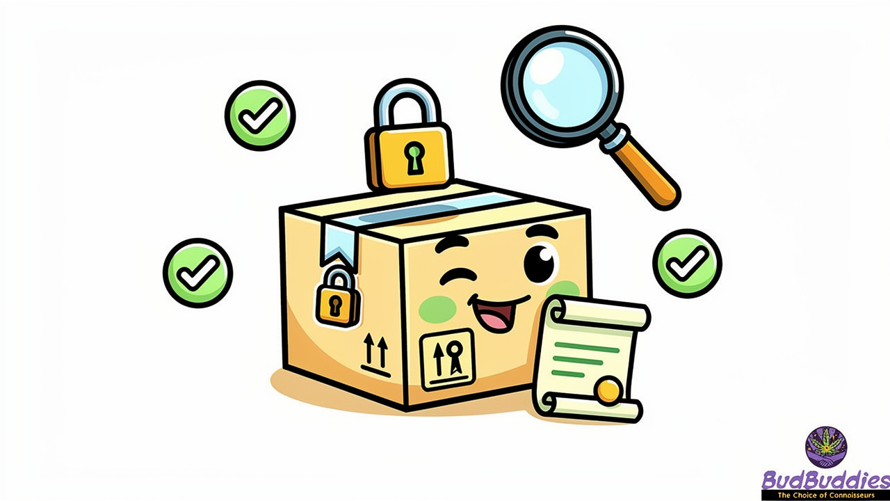 Cartoon delivery box with verification and quality icons