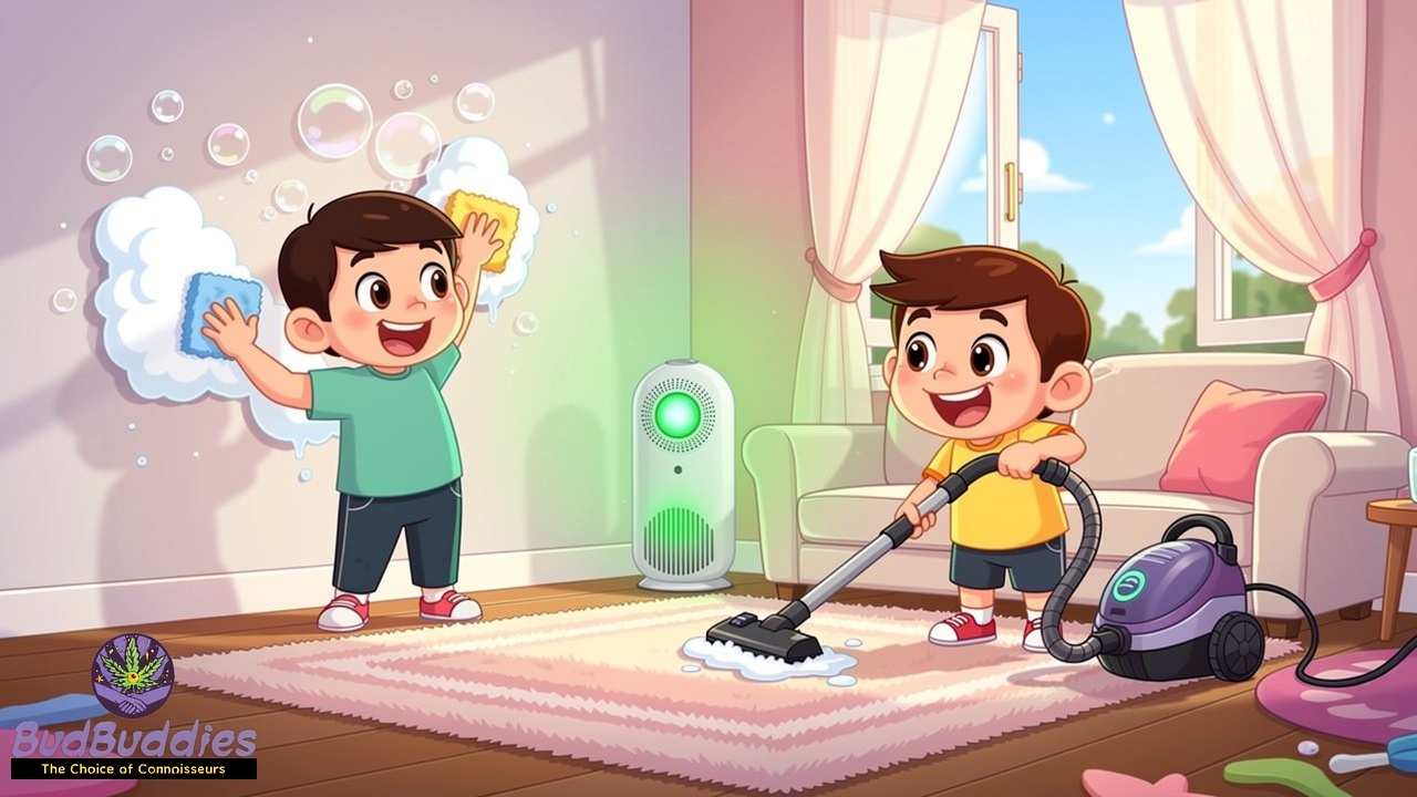 Cartoon characters deep cleaning a flat to remove cannabis smell