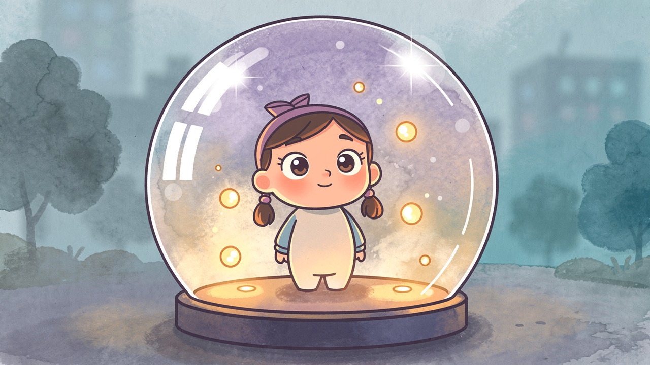 Cartoon character inside glass dome feeling disconnected from the world