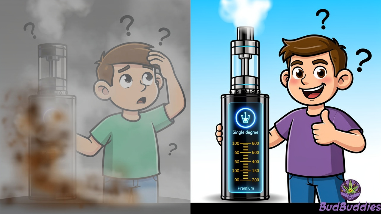 Cartoon comparison of basic vaporiser versus precision digital device accuracy