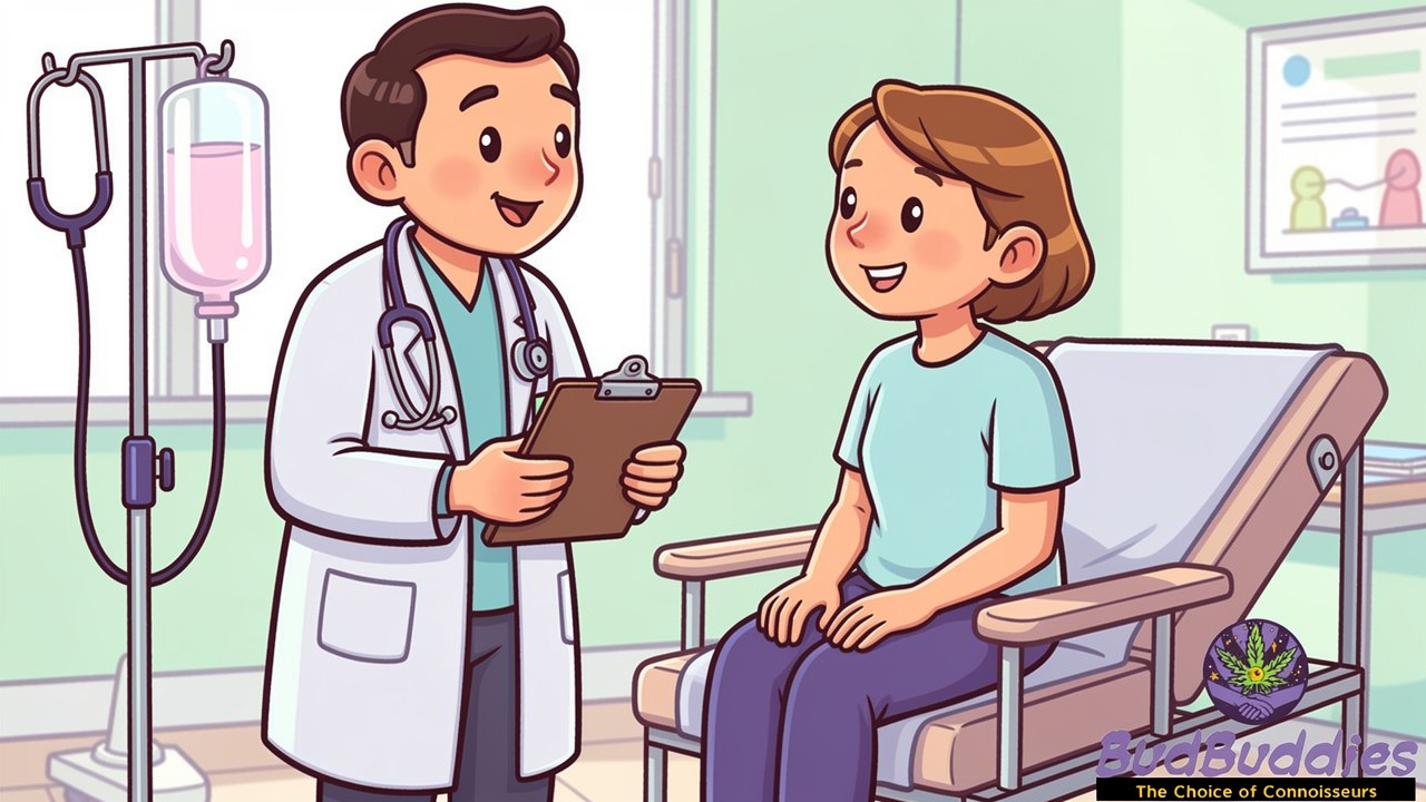 Cartoon doctor talking kindly with a patient