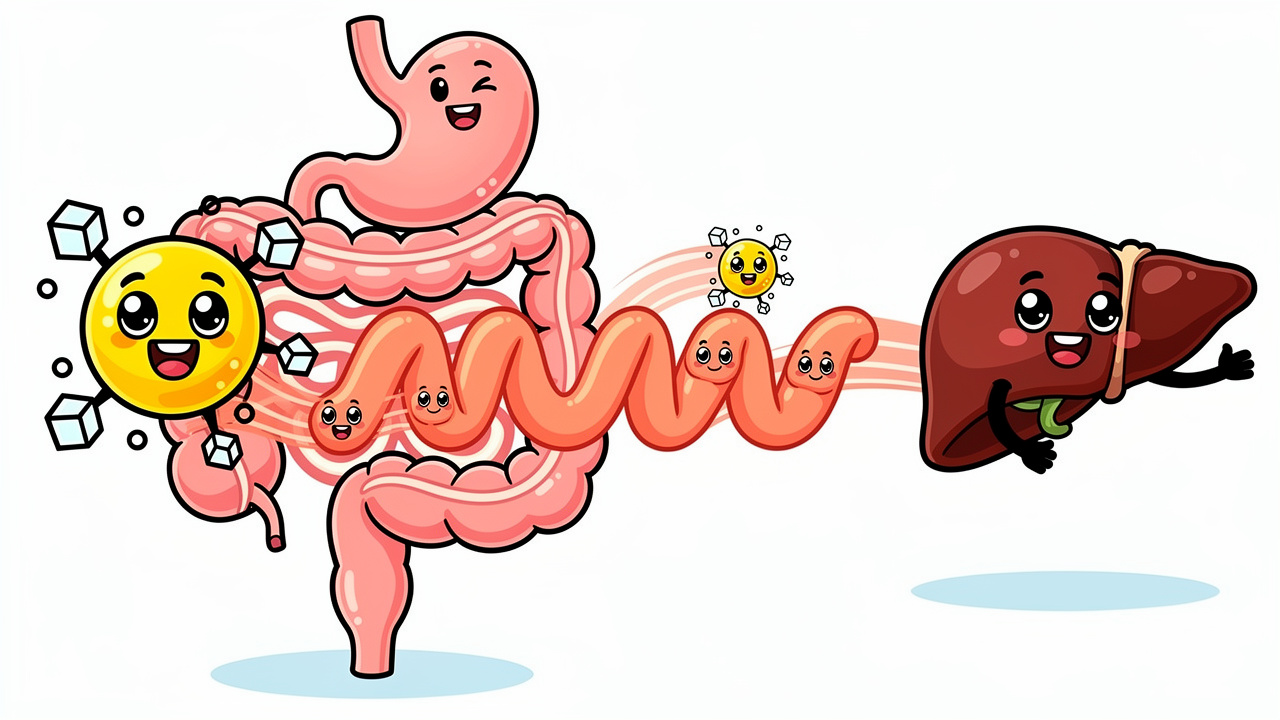 Cartoon diagram of THC travelling through the digestive system to the liver