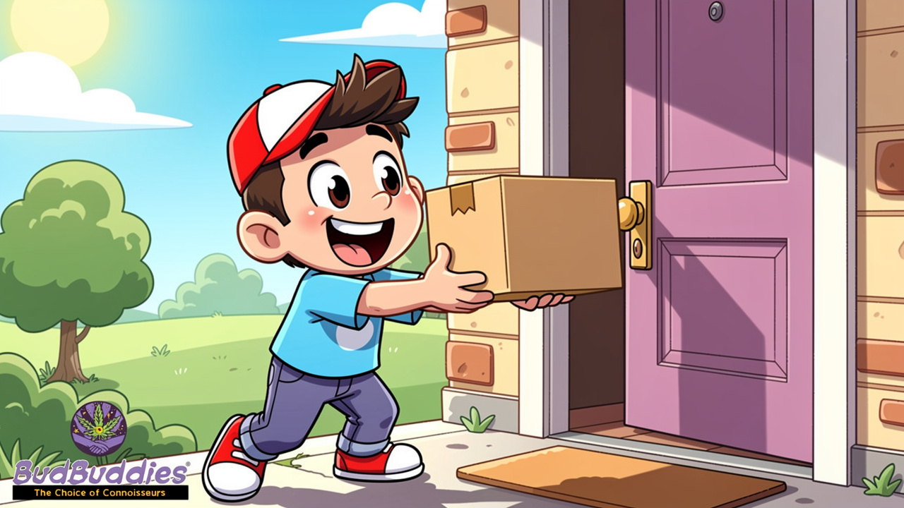 Cartoon character receiving discreet unmarked bulk cannabis flower delivery