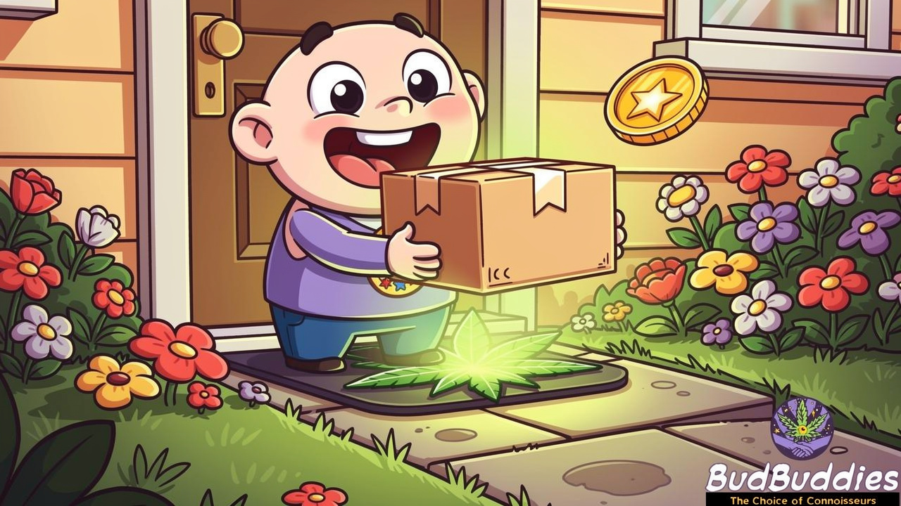 Cartoon character receiving discreet cannabis delivery at their home