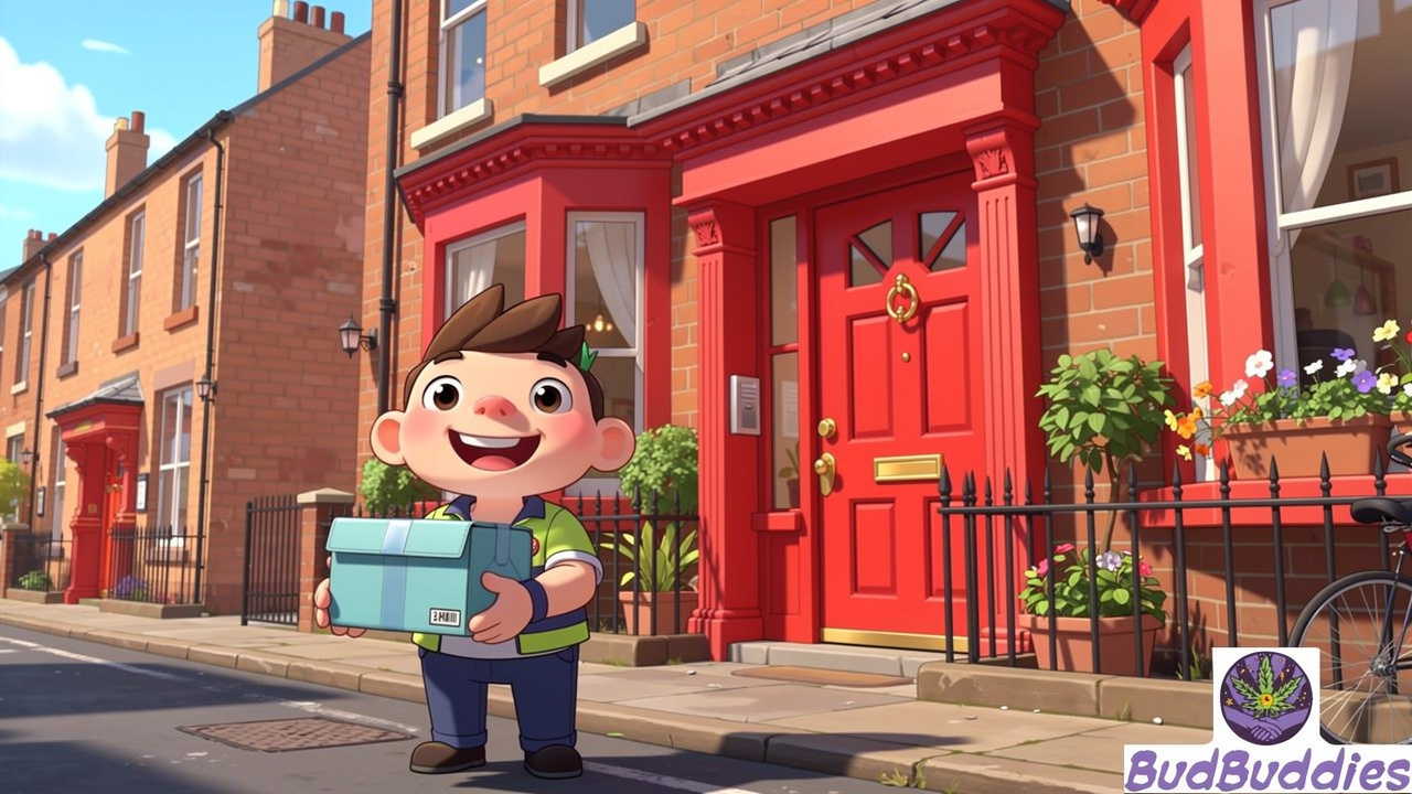 Cartoon courier handing discreet parcel at Manchester terraced house