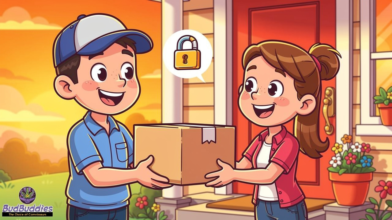 Discreet plain parcel cannabis delivery to front door cartoon