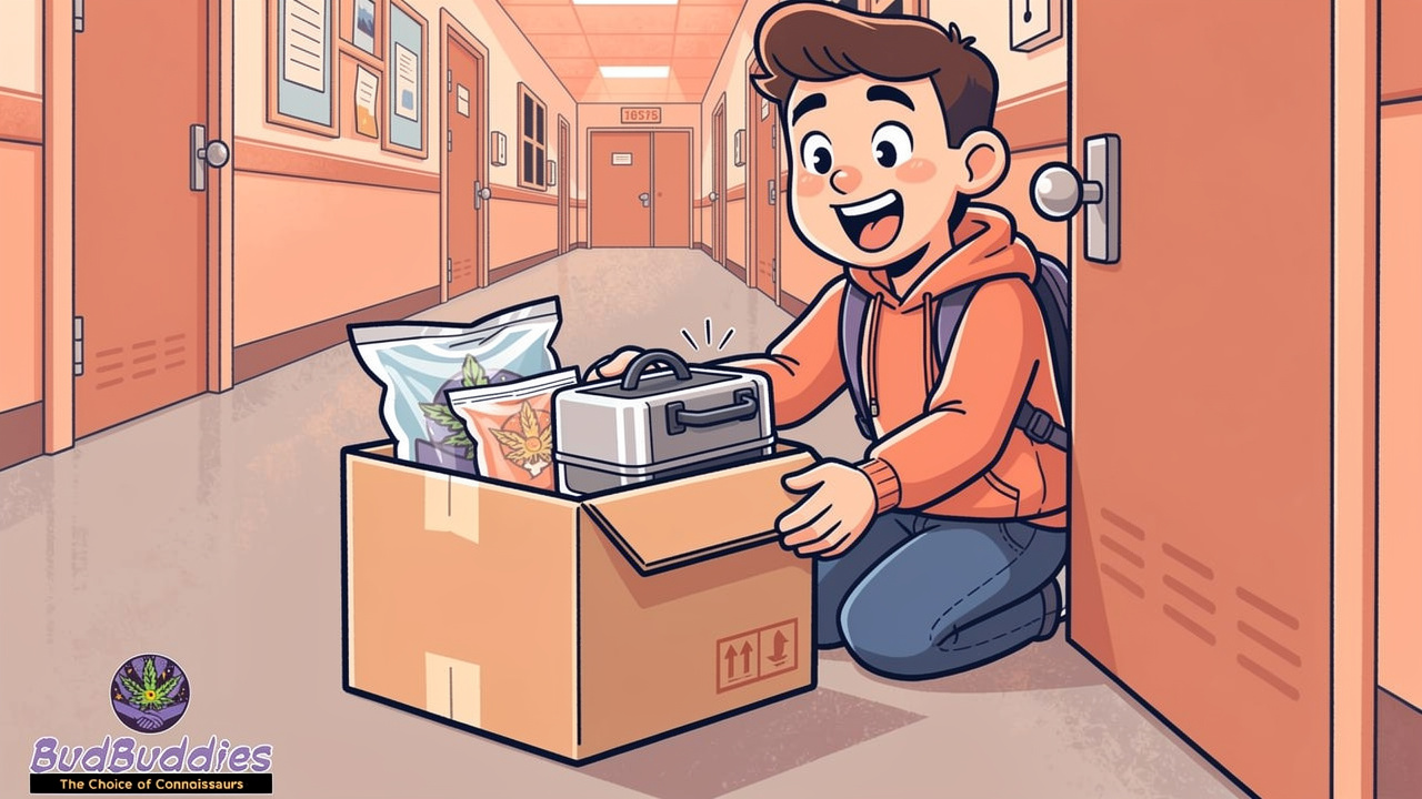 Cartoon student receiving discreet cannabis delivery at halls