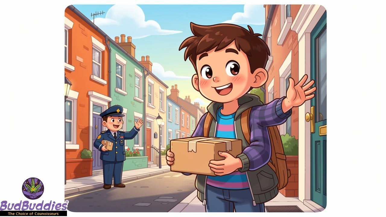 Cartoon student receiving a discreet plain parcel delivery
