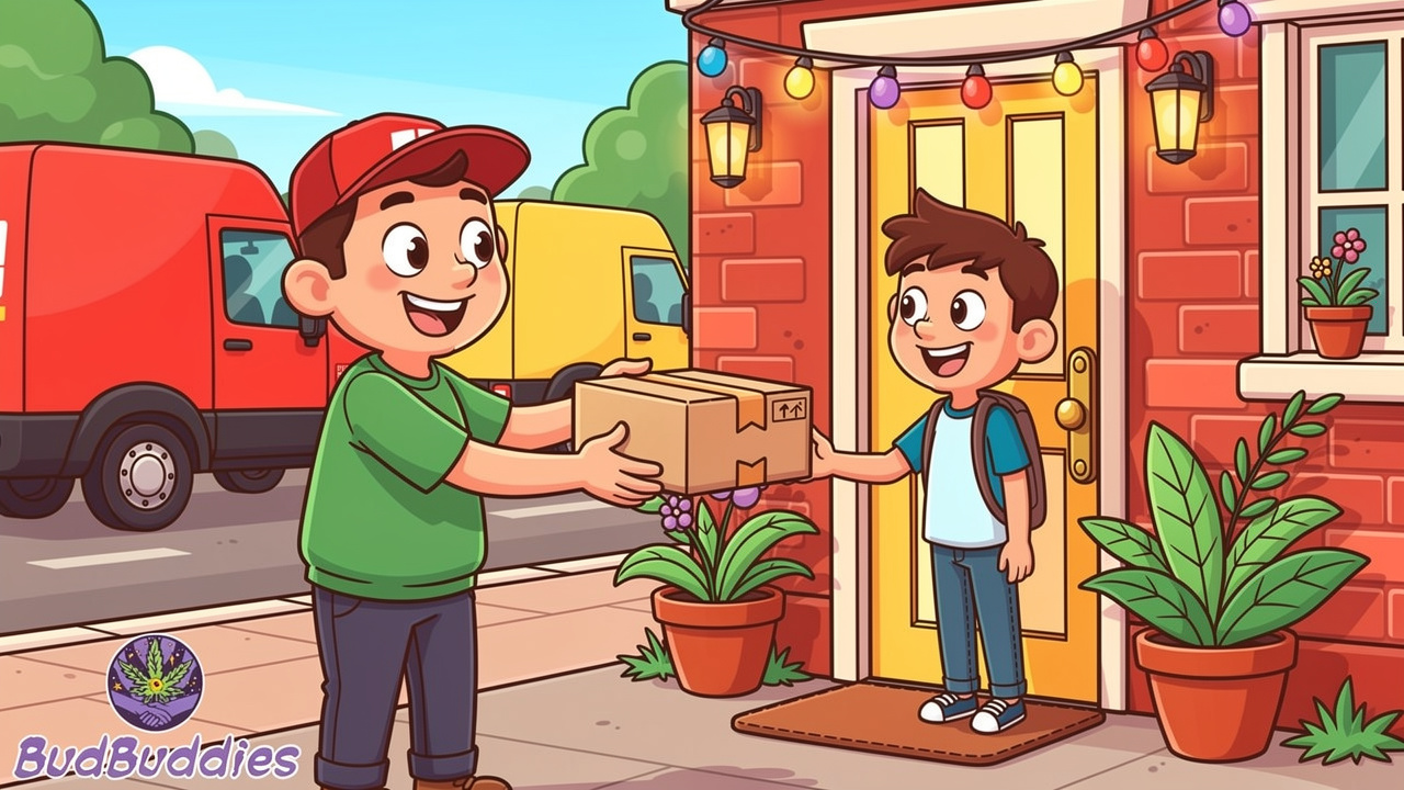Cartoon discreet cannabis delivery to student accommodation UK