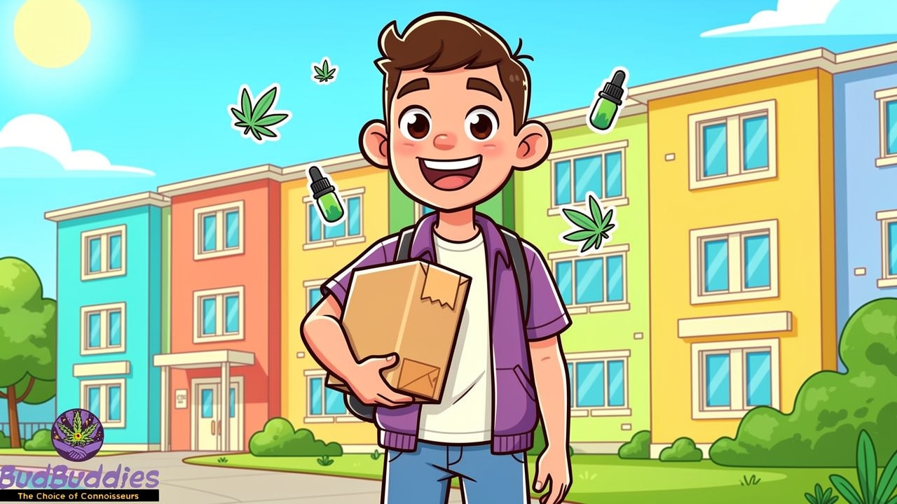Cartoon student receiving discreet cannabis delivery at accommodation
