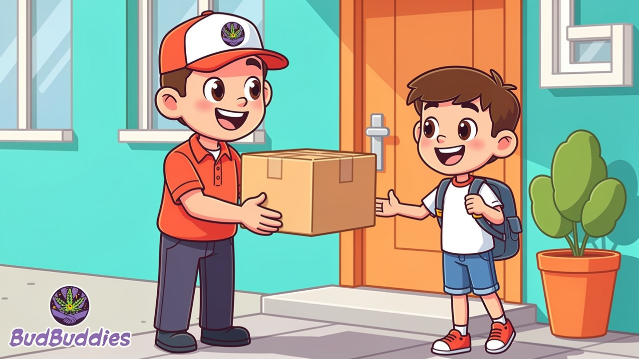 Friendly cartoon courier delivering discreet plain parcel to student