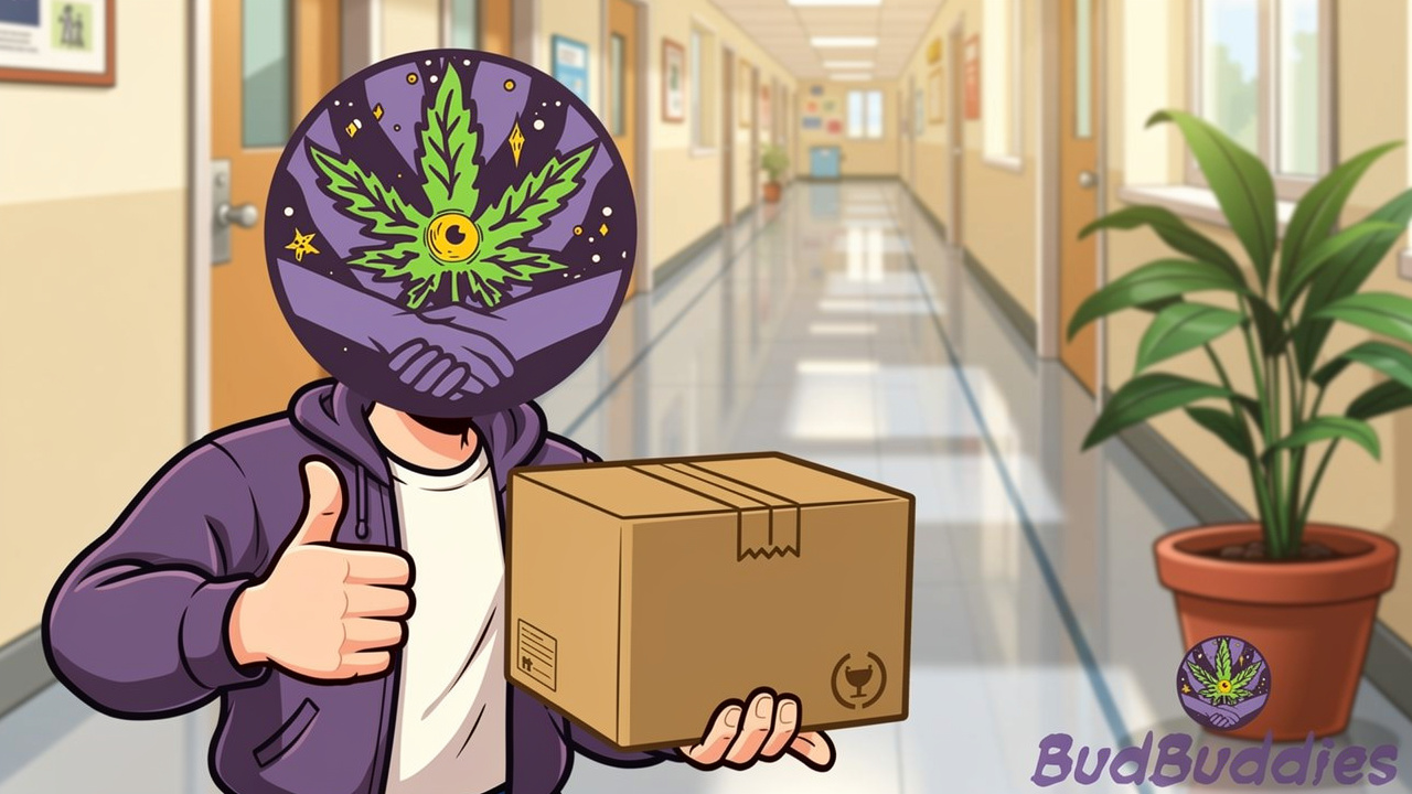 Cartoon student receiving discreet cannabis delivery at halls